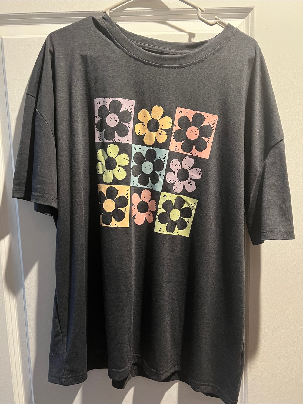 Black Graphic Tee with Pastel Flower Grid